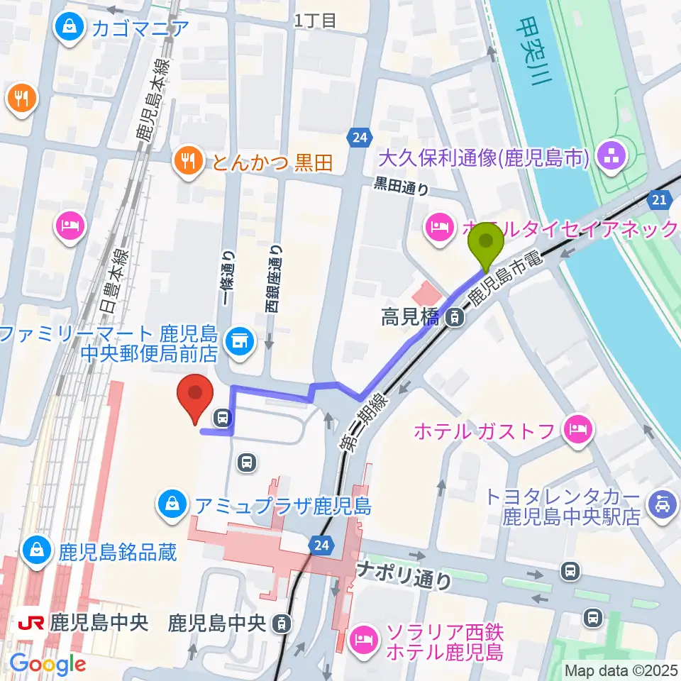 高見橋駅から鹿児島ミッテ10へのルートマップ地図