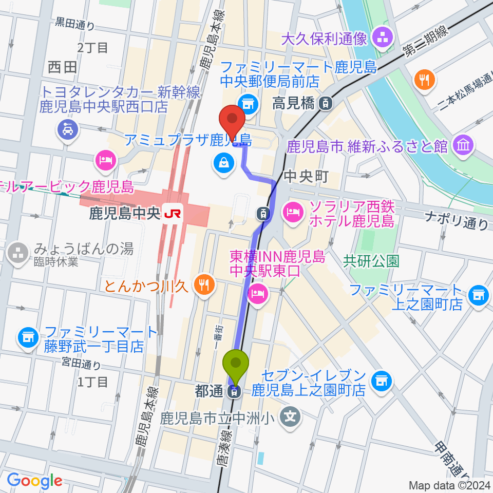 都通駅から鹿児島ミッテ10へのルートマップ地図