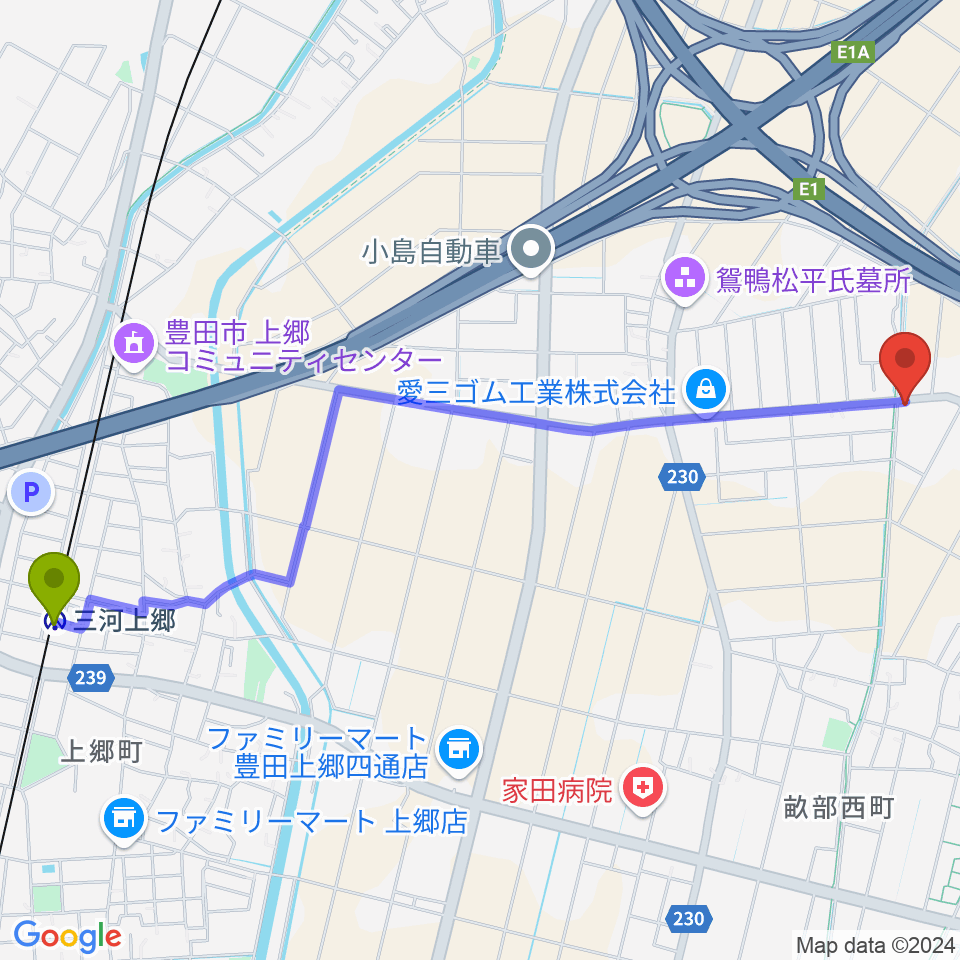 三河上郷駅からVoxBoxStudioへのルートマップ地図