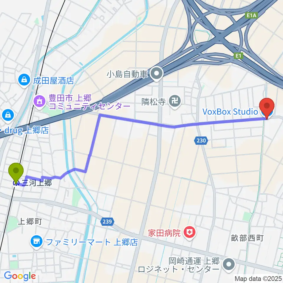 三河上郷駅からVoxBoxStudioへのルートマップ地図