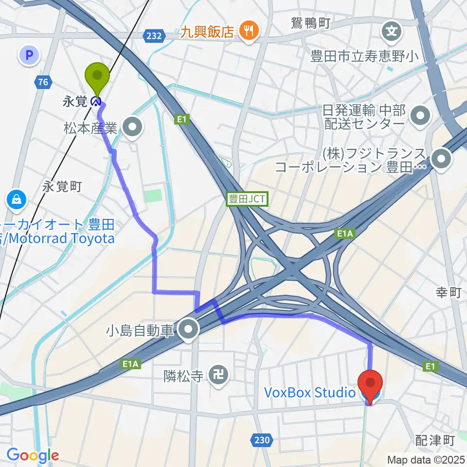 VoxBoxStudioの最寄駅永覚駅からの徒歩ルート（約28分）地図