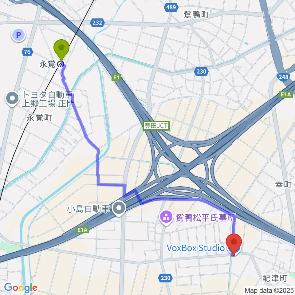 VoxBoxStudioの最寄駅永覚駅からの徒歩ルート（約28分）地図
