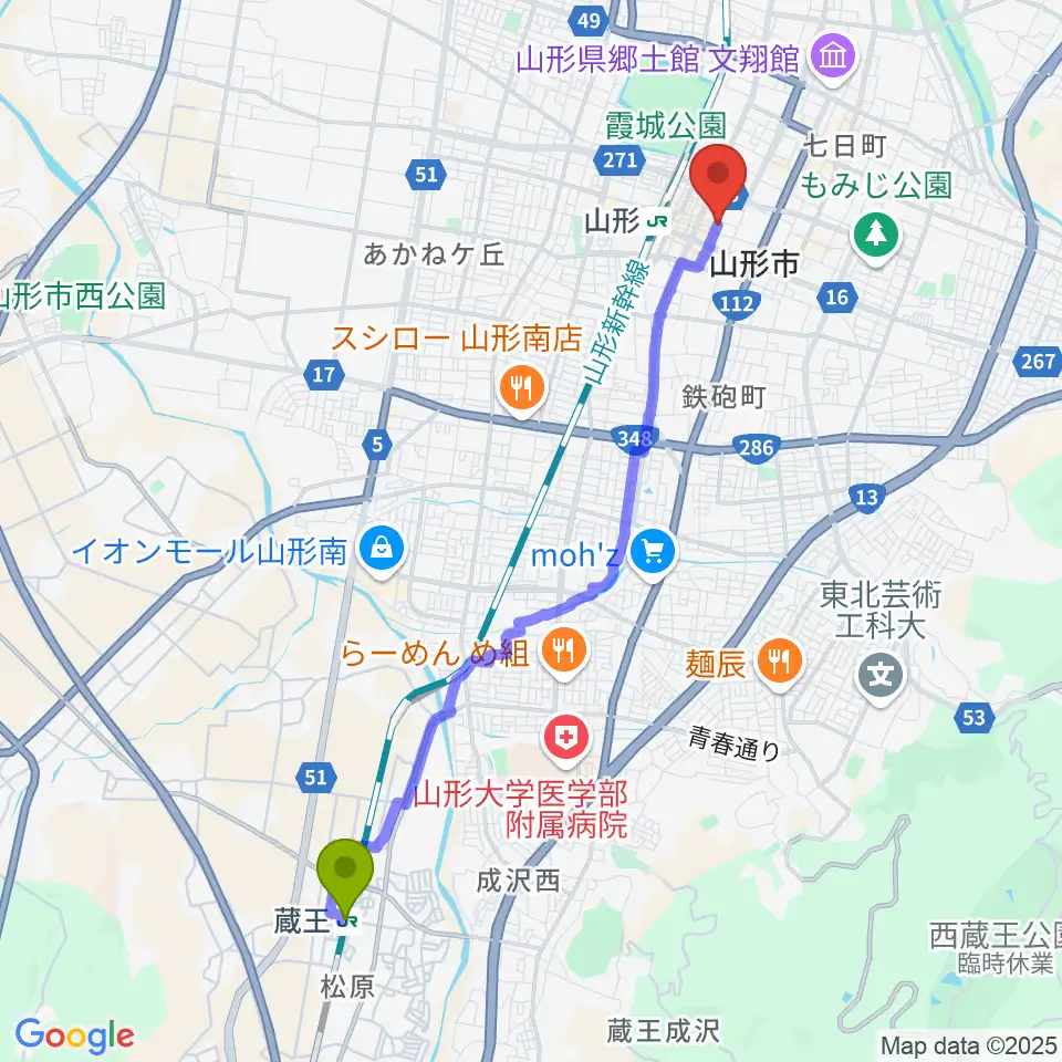 蔵王駅からフォーラム山形へのルートマップ地図