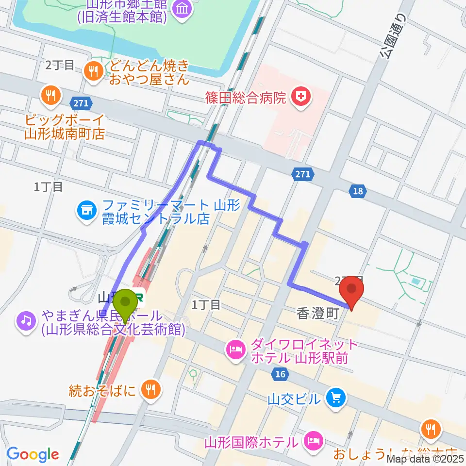 フォーラム山形の最寄駅山形駅からの徒歩ルート（約7分）地図