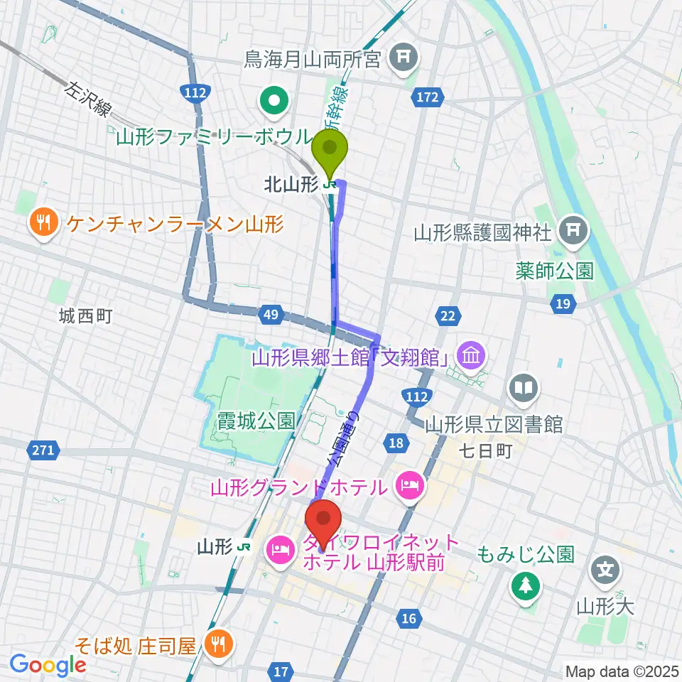 北山形駅からフォーラム山形へのルートマップ地図