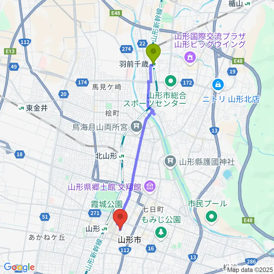 羽前千歳駅からフォーラム山形へのルートマップ地図
