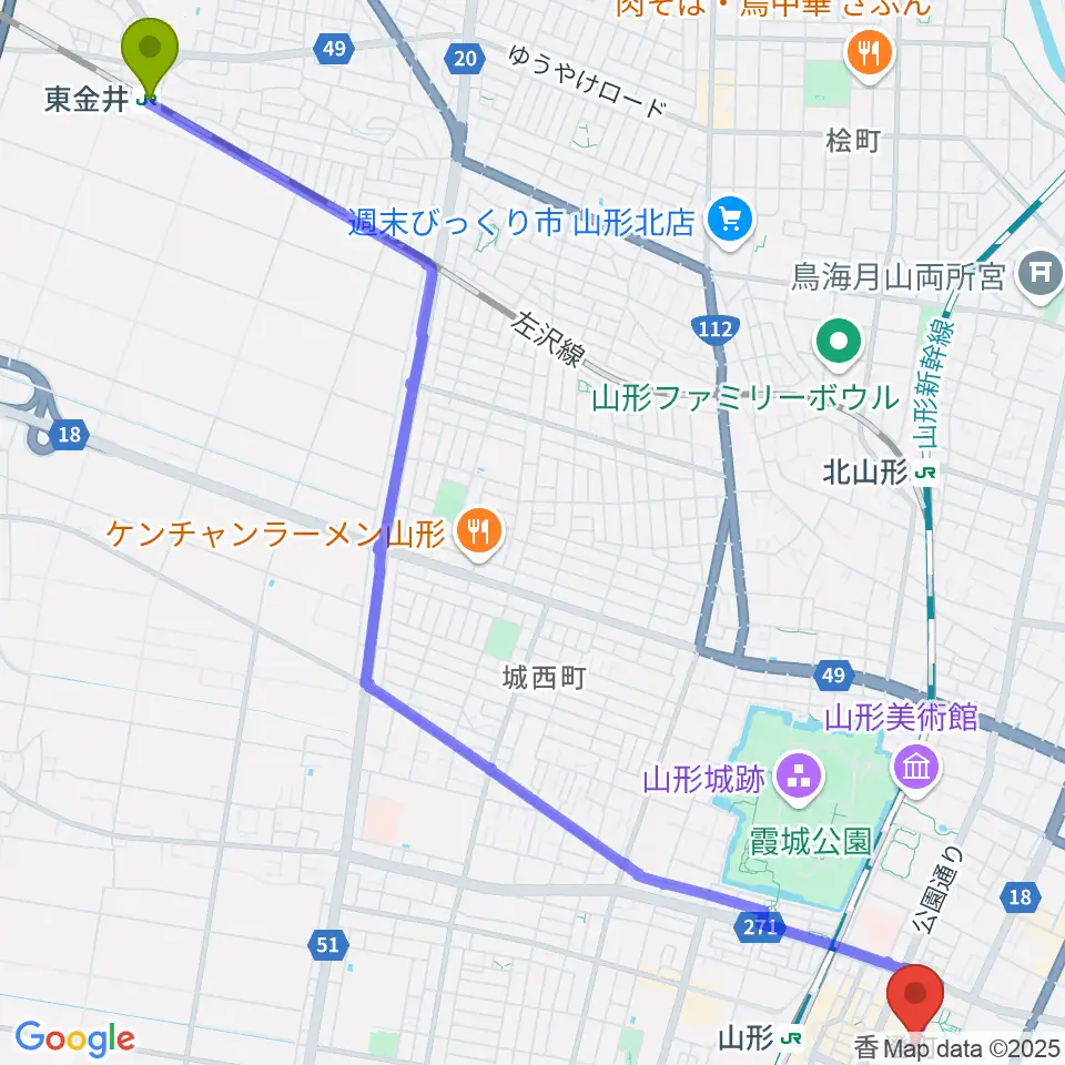 東金井駅からフォーラム山形へのルートマップ地図