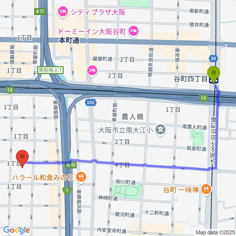 谷町四丁目駅からアルケミースタジオへのルートマップ地図