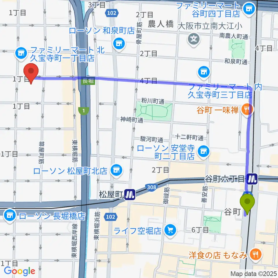 谷町六丁目駅からアルケミースタジオへのルートマップ地図
