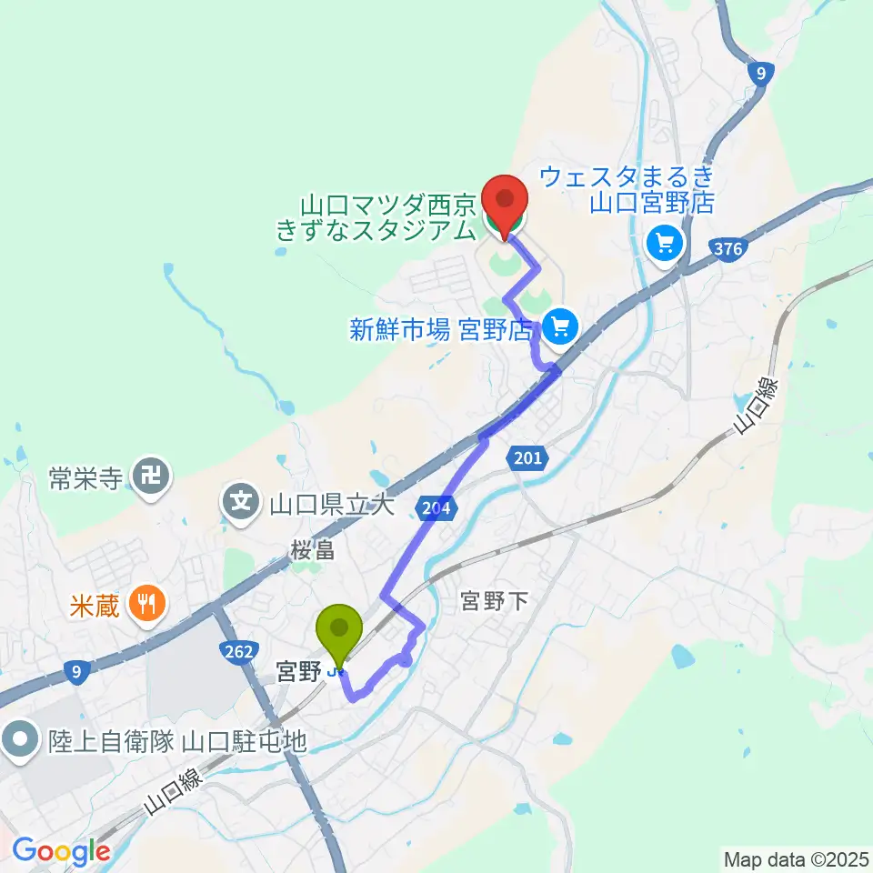 山口マツダ西京きずなスタジアムの最寄駅宮野駅からの徒歩ルート（約33分）地図