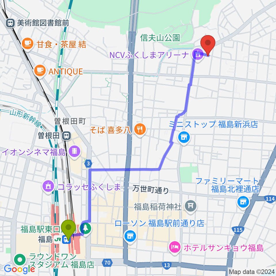 福島駅からNCVふくしまアリーナへのルートマップ地図