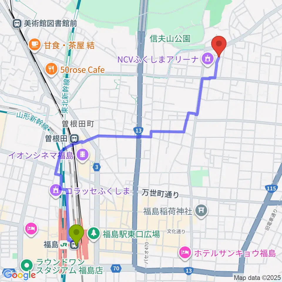 福島駅からNCVふくしまアリーナへのルートマップ地図