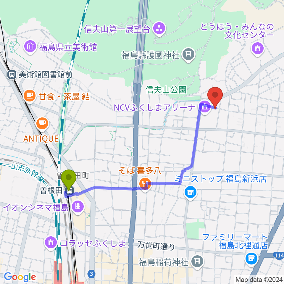 NCVふくしまアリーナの最寄駅曽根田駅からの徒歩ルート（約18分）地図