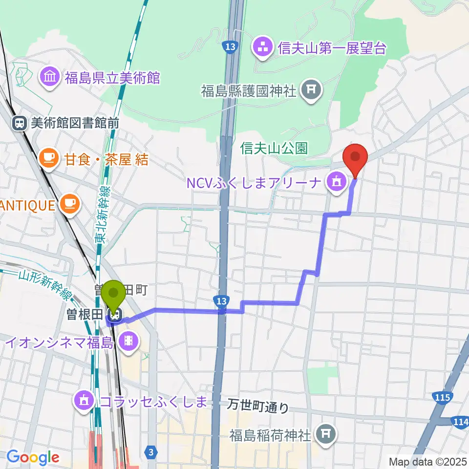 NCVふくしまアリーナの最寄駅曽根田駅からの徒歩ルート（約18分）地図