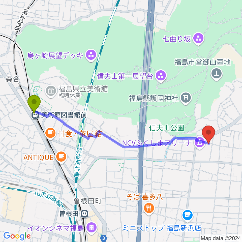 美術館図書館前駅からNCVふくしまアリーナへのルートマップ地図