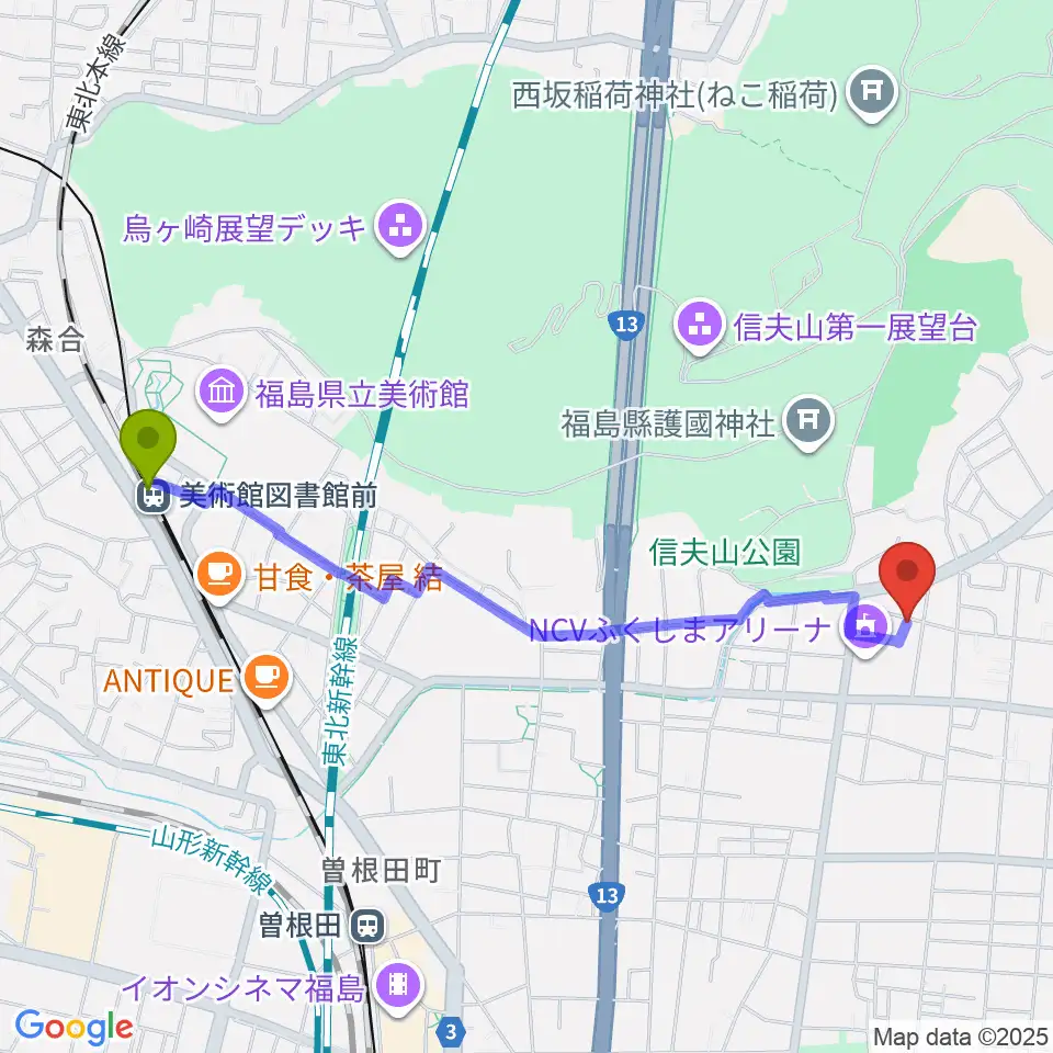 美術館図書館前駅からNCVふくしまアリーナへのルートマップ地図