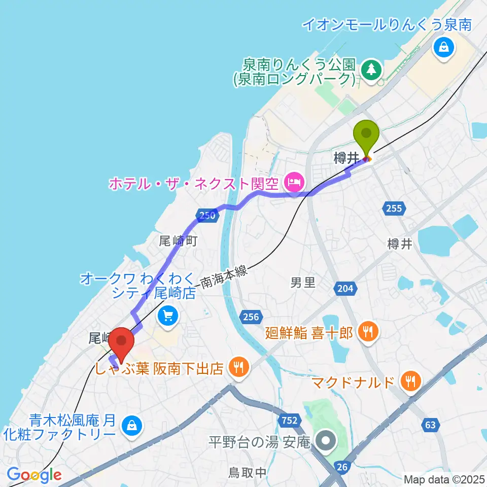 樽井駅から阪南市立文化センター サラダホールへのルートマップ地図