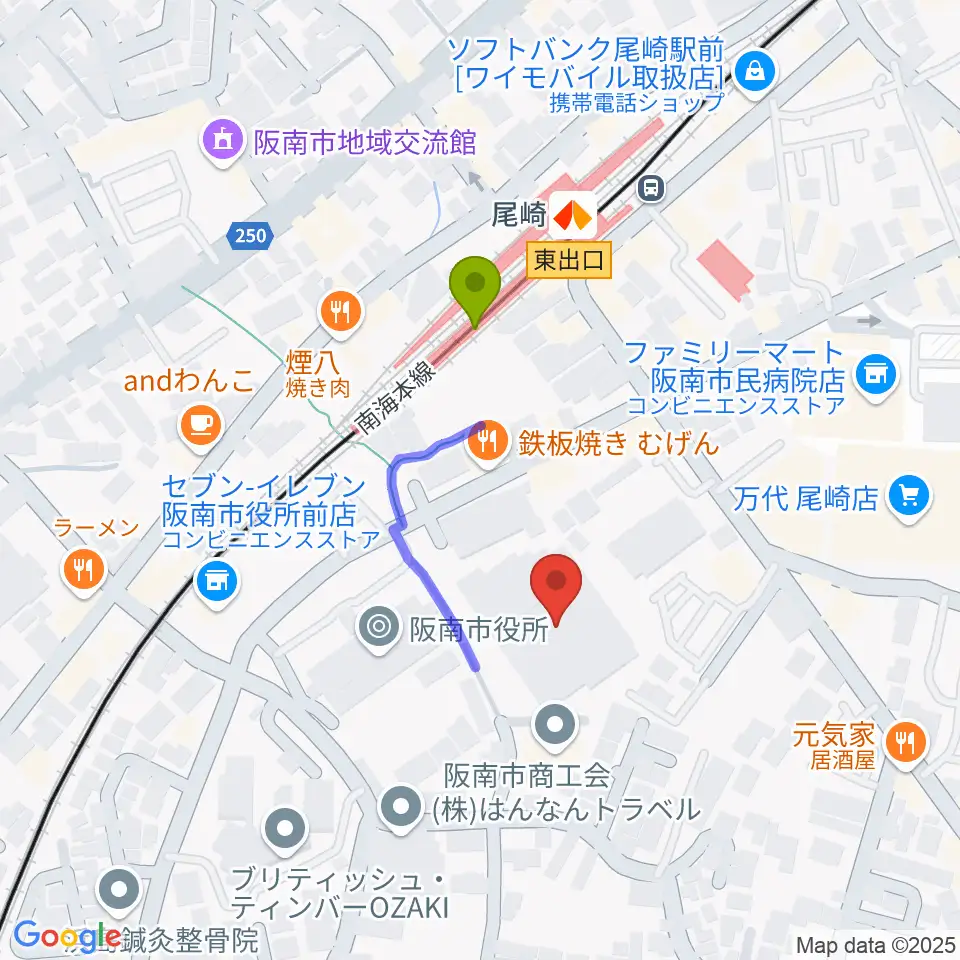 阪南市立文化センター サラダホールの最寄駅尾崎駅からの徒歩ルート（約3分）地図