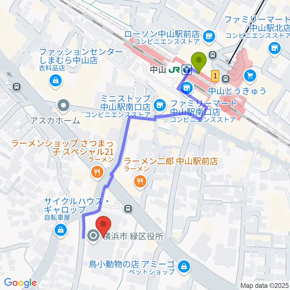 横浜市緑公会堂の最寄駅中山駅からの徒歩ルート（約5分）地図