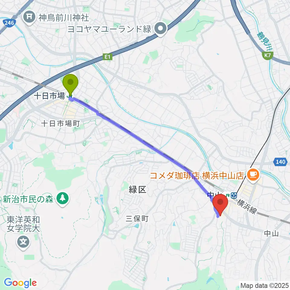 十日市場駅から横浜市緑公会堂へのルートマップ地図