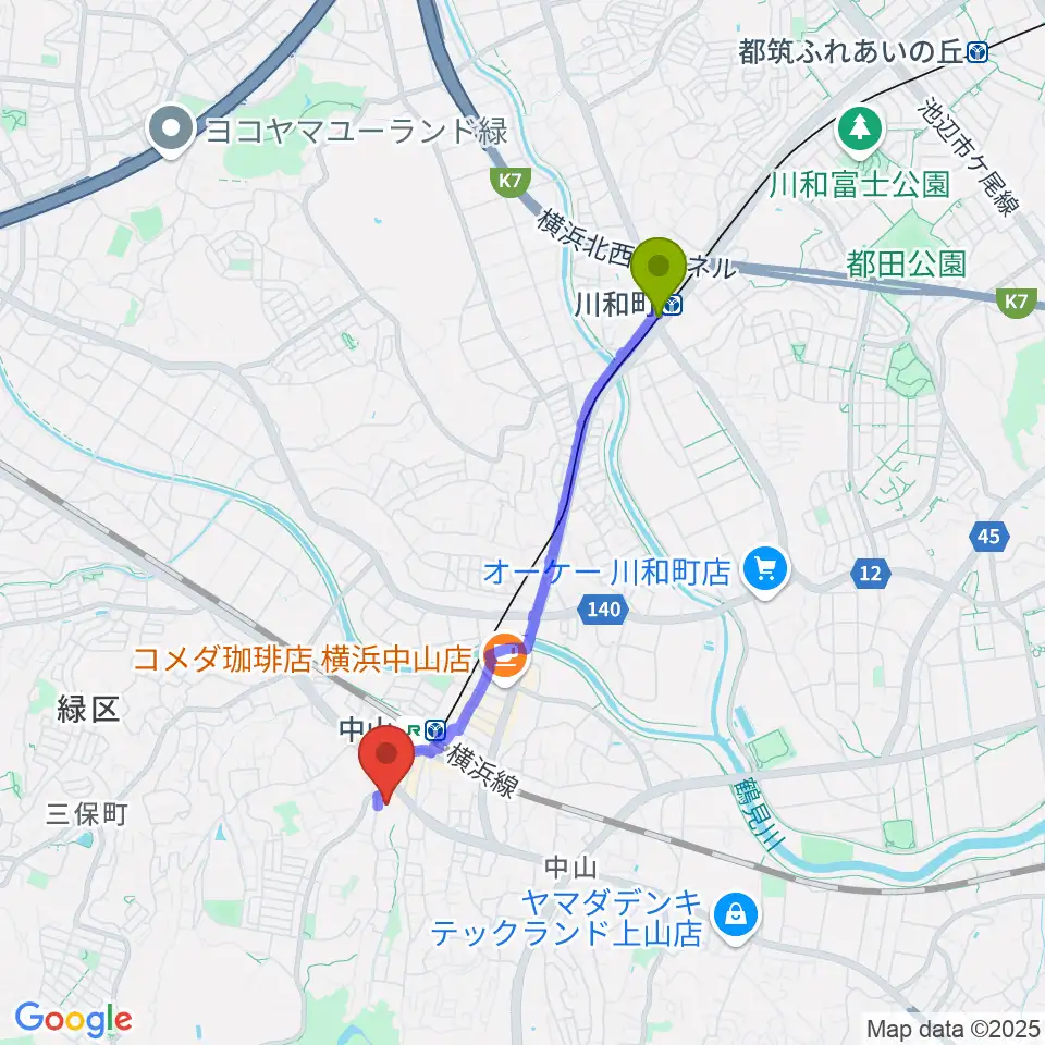 川和町駅から横浜市緑公会堂へのルートマップ地図