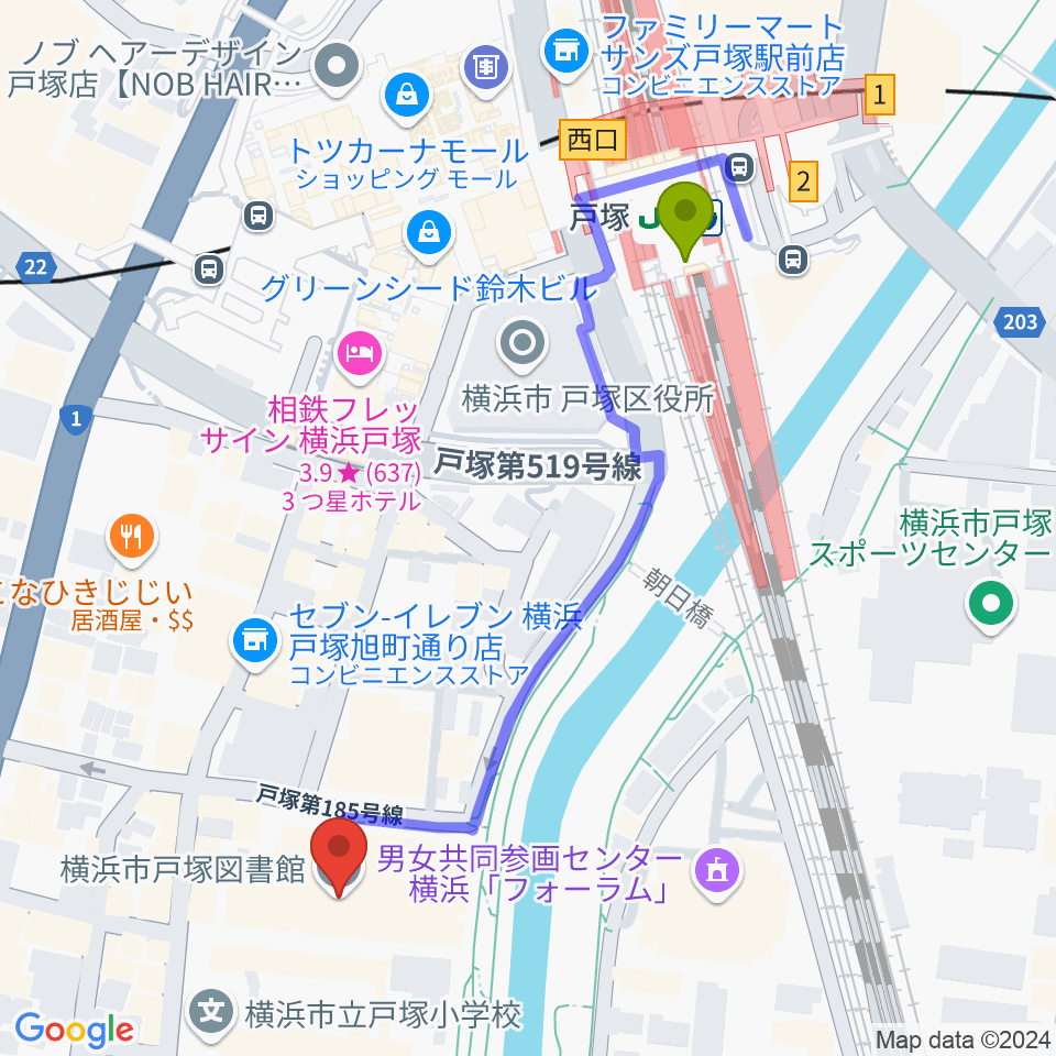 戸塚公会堂の最寄駅戸塚駅からの徒歩ルート（約5分）地図