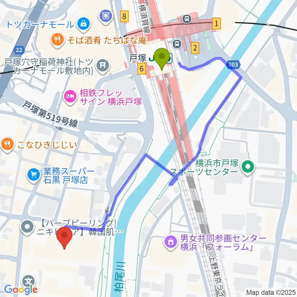 戸塚公会堂の最寄駅戸塚駅からの徒歩ルート（約5分）地図