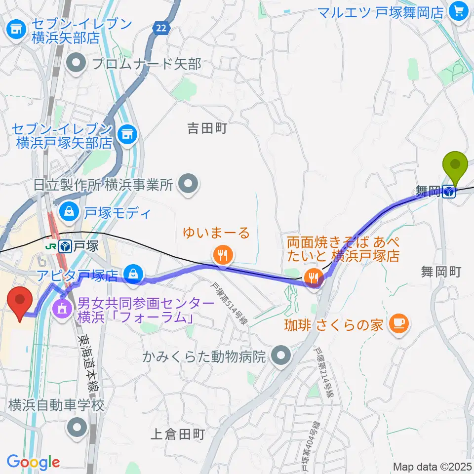 舞岡駅から戸塚公会堂へのルートマップ地図