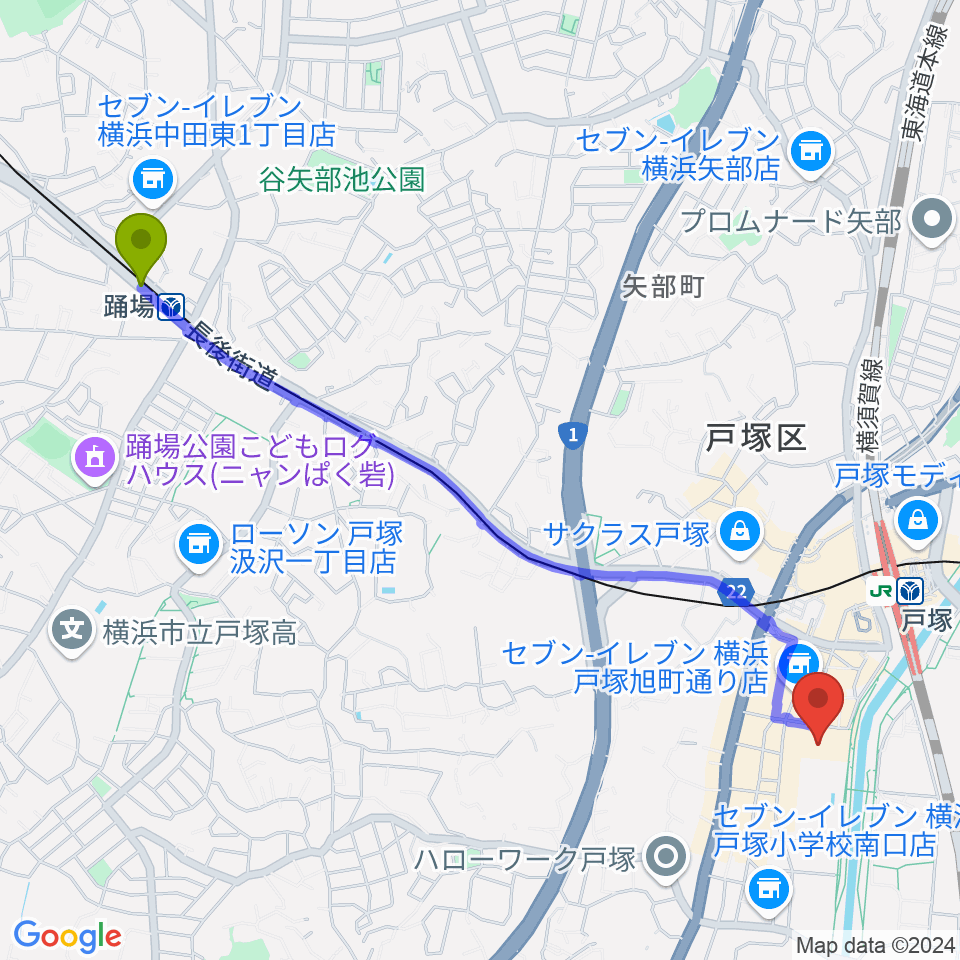 踊場駅から戸塚公会堂へのルートマップ地図