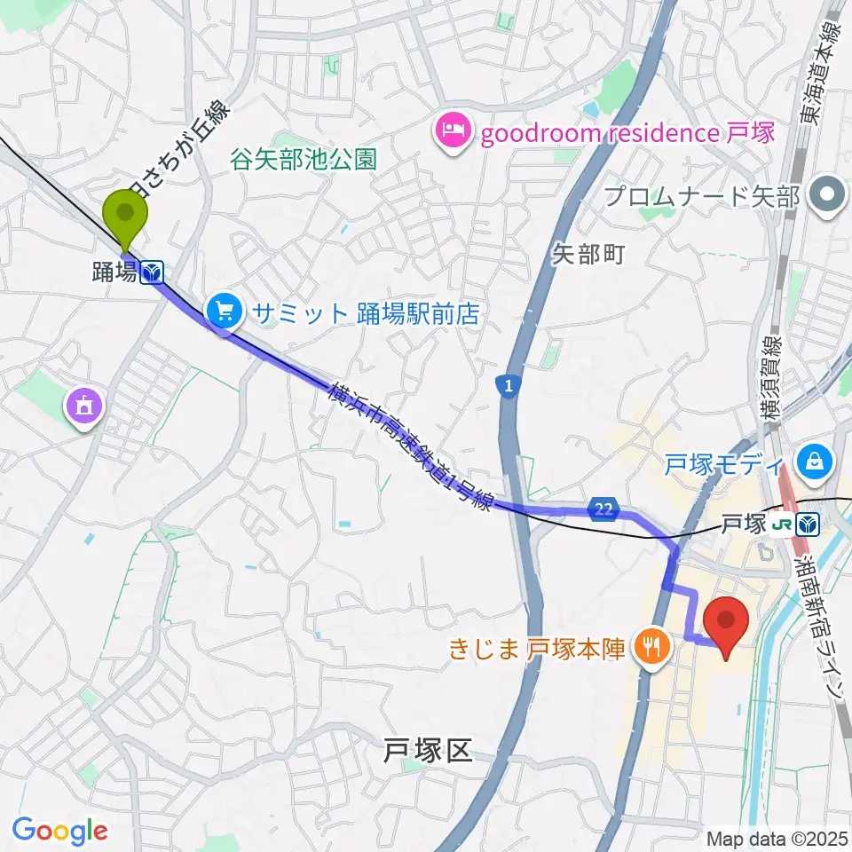 踊場駅から戸塚公会堂へのルートマップ地図