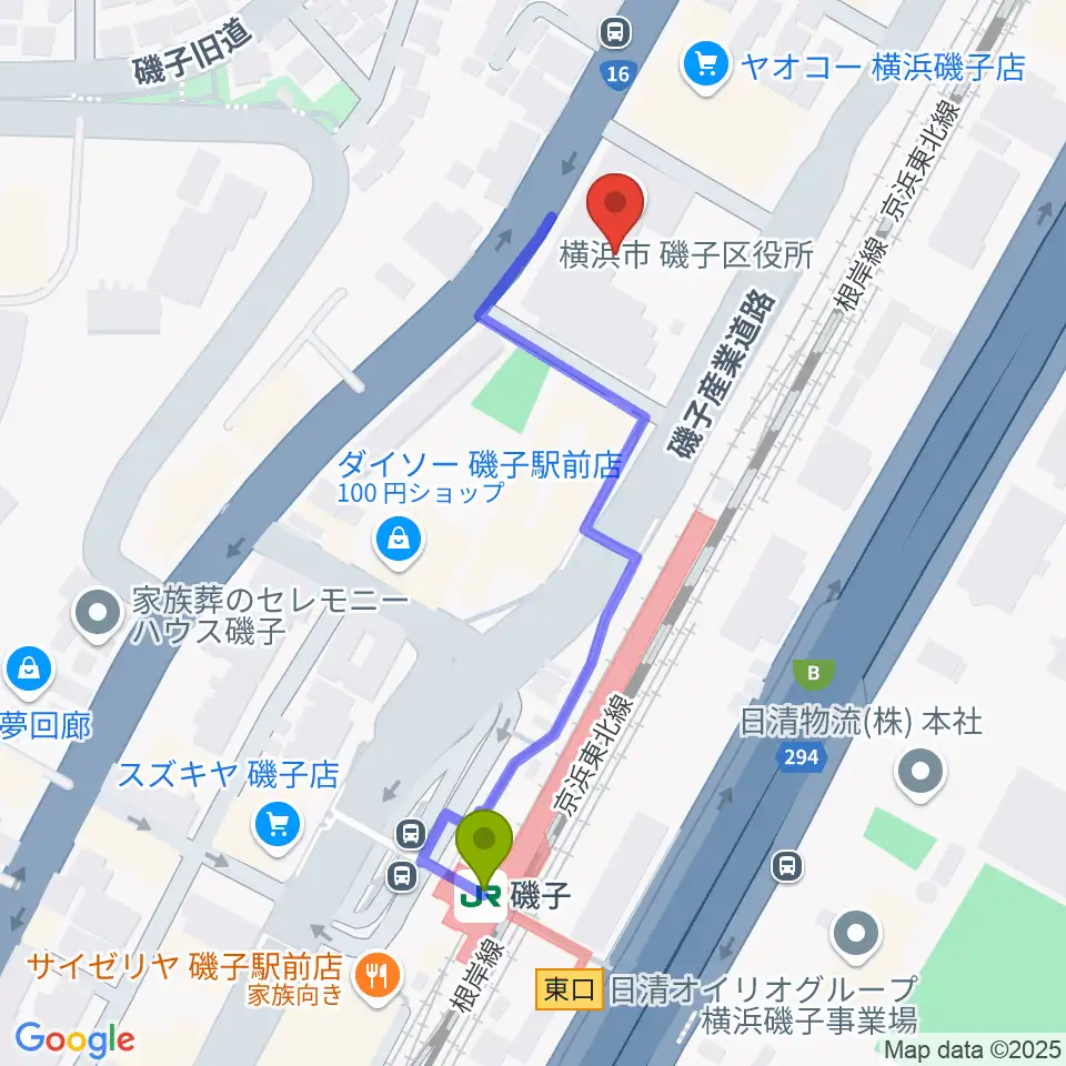 磯子公会堂の最寄駅磯子駅からの徒歩ルート（約5分）地図