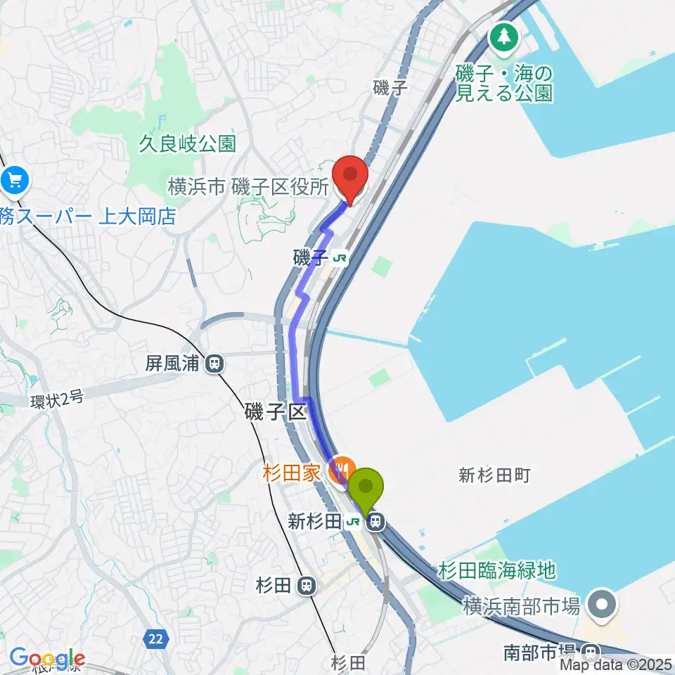 新杉田駅から磯子公会堂へのルートマップ地図