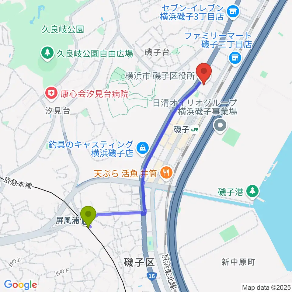 屏風浦駅から磯子公会堂へのルートマップ地図