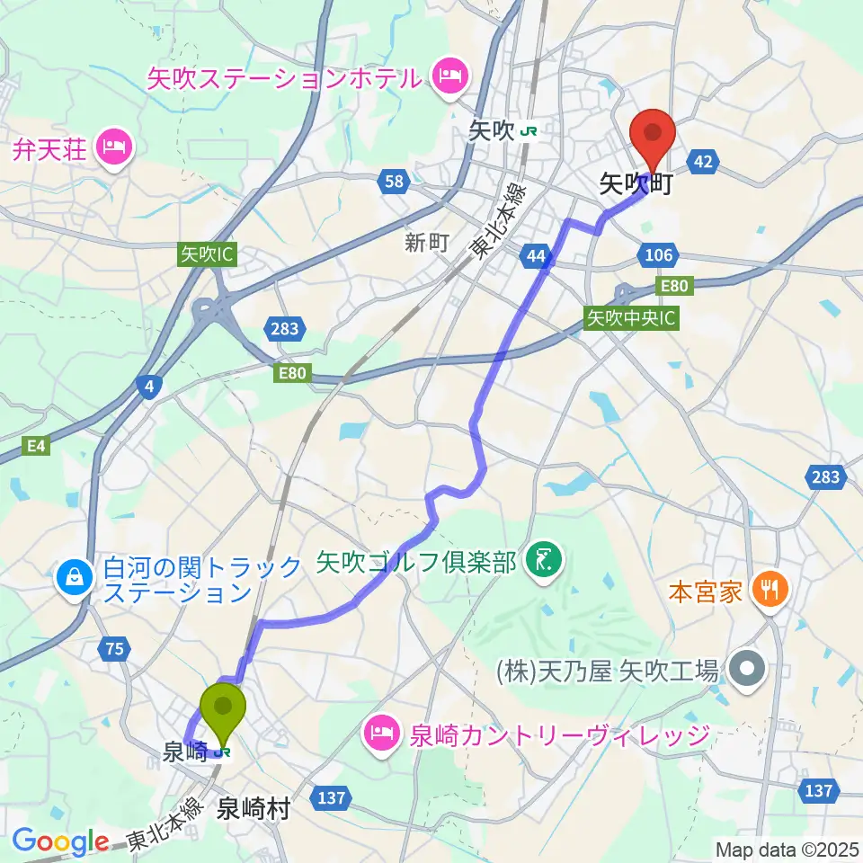 泉崎駅から矢吹町文化センターへのルートマップ地図