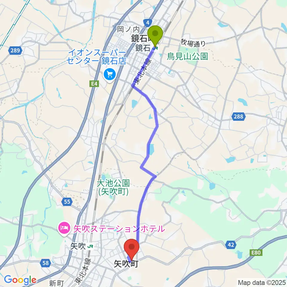 鏡石駅から矢吹町文化センターへのルートマップ地図