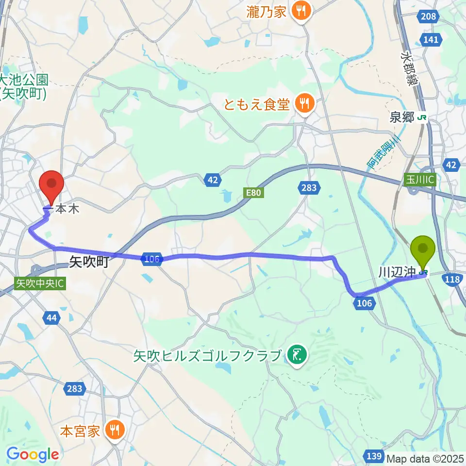川辺沖駅から矢吹町文化センターへのルートマップ地図