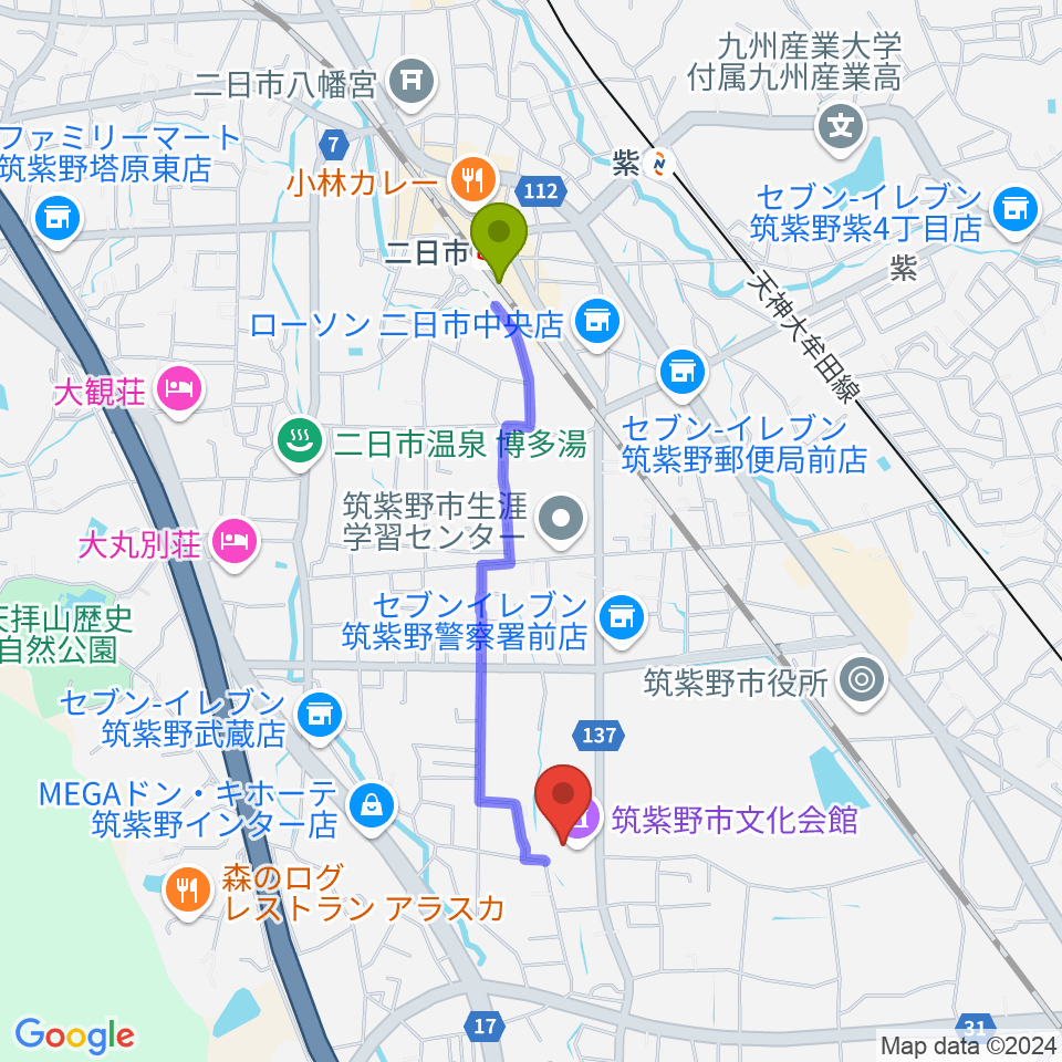 筑紫野市文化会館の最寄駅二日市駅からの徒歩ルート（約17分）地図