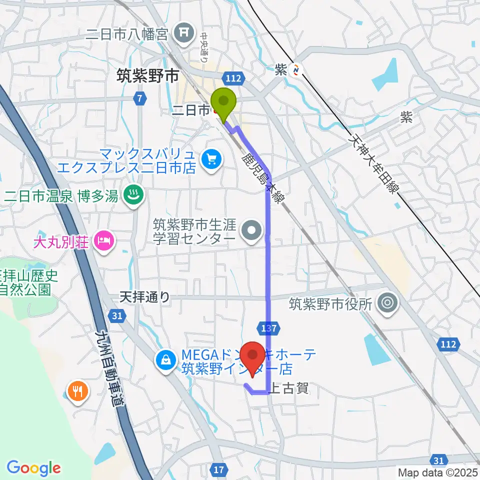 筑紫野市文化会館の最寄駅二日市駅からの徒歩ルート（約17分）地図