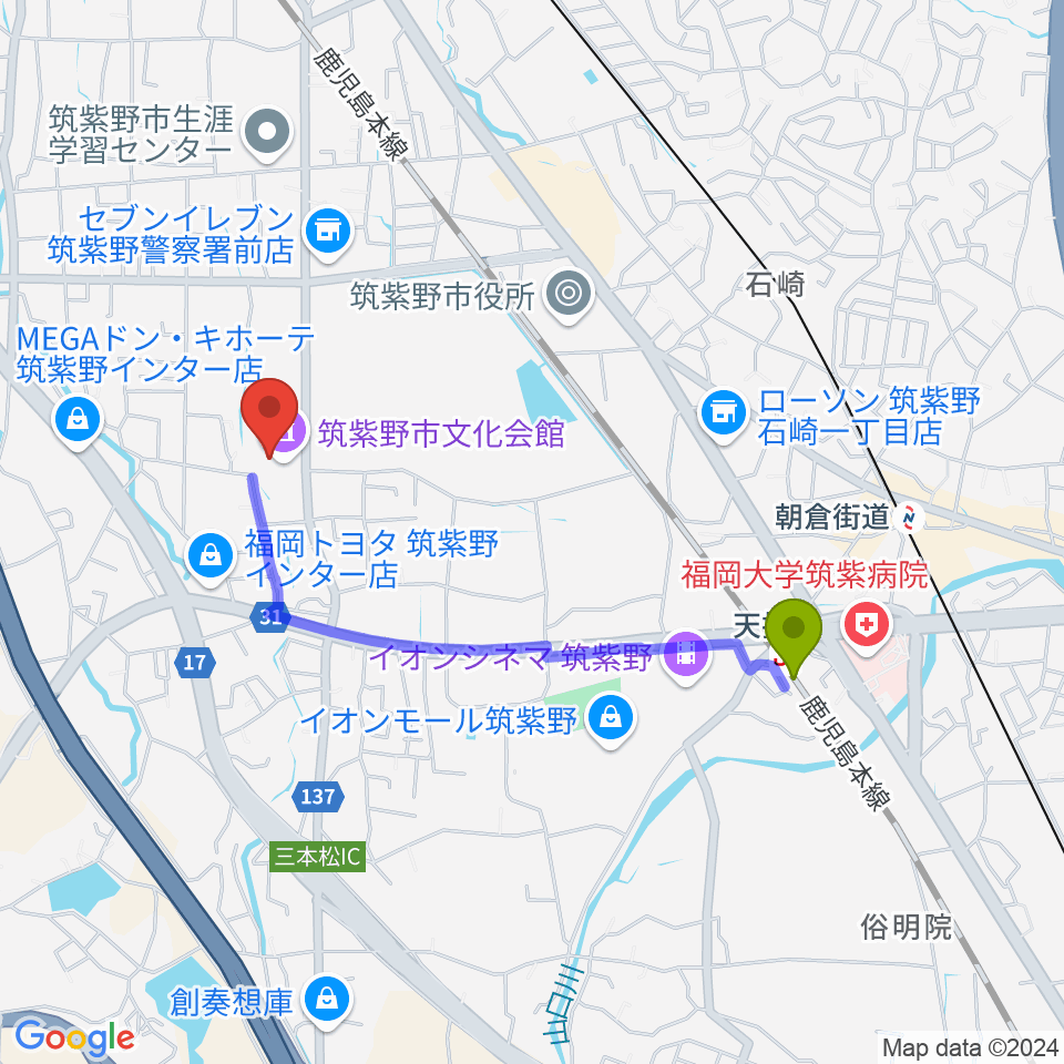 天拝山駅から筑紫野市文化会館へのルートマップ地図