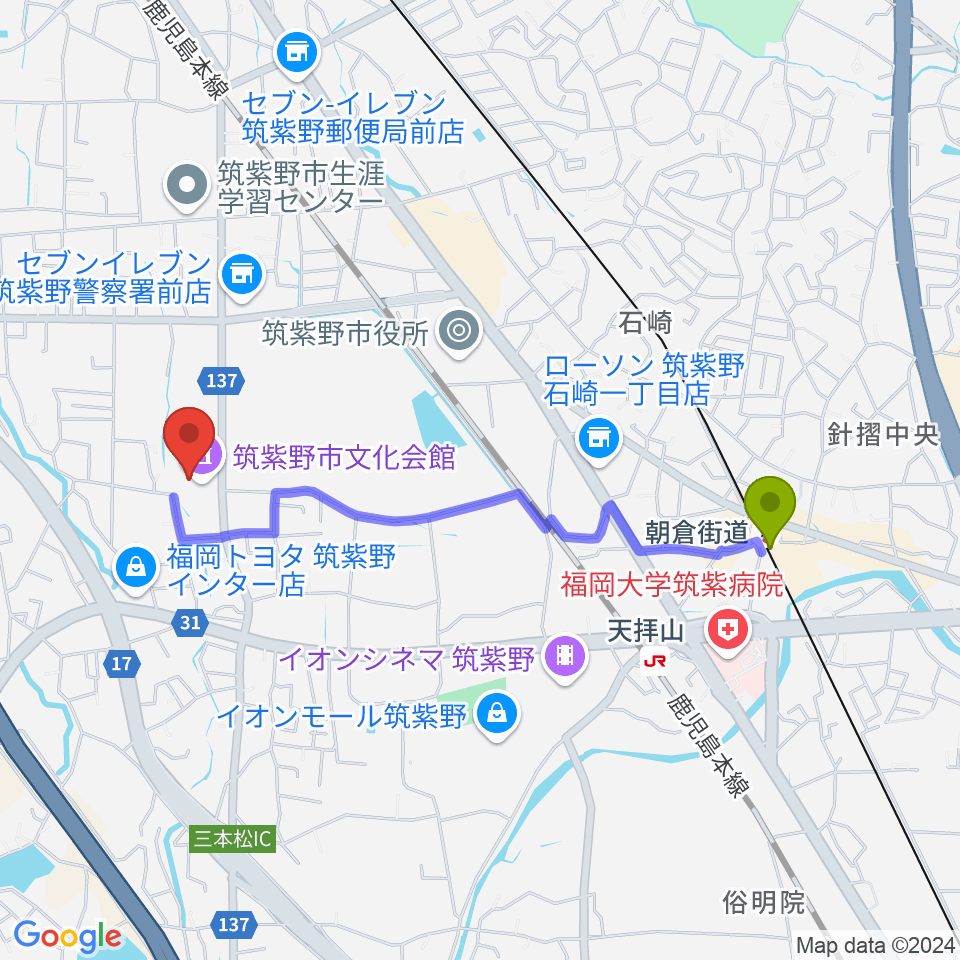 朝倉街道駅から筑紫野市文化会館へのルートマップ地図