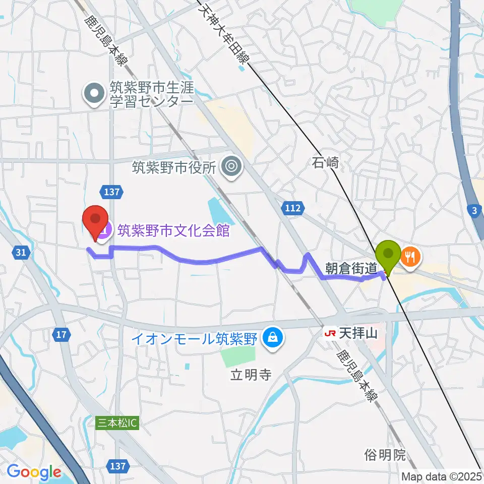 朝倉街道駅から筑紫野市文化会館へのルートマップ地図