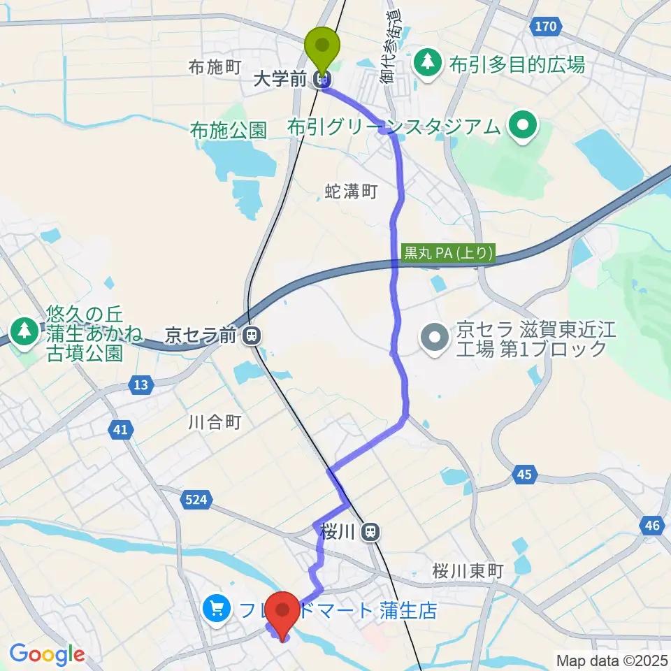 大学前駅から東近江市あかね文化ホールへのルートマップ地図