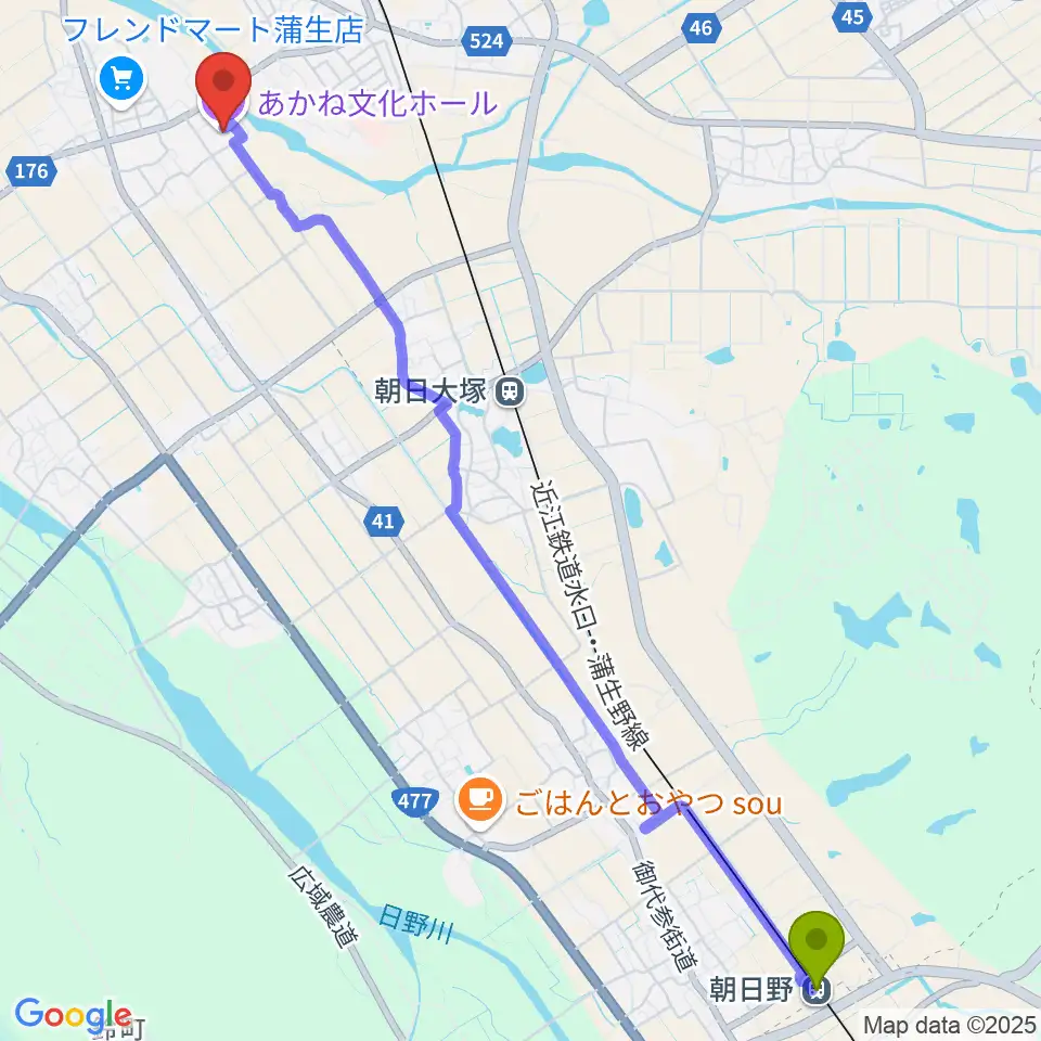 朝日野駅から東近江市あかね文化ホールへのルートマップ地図