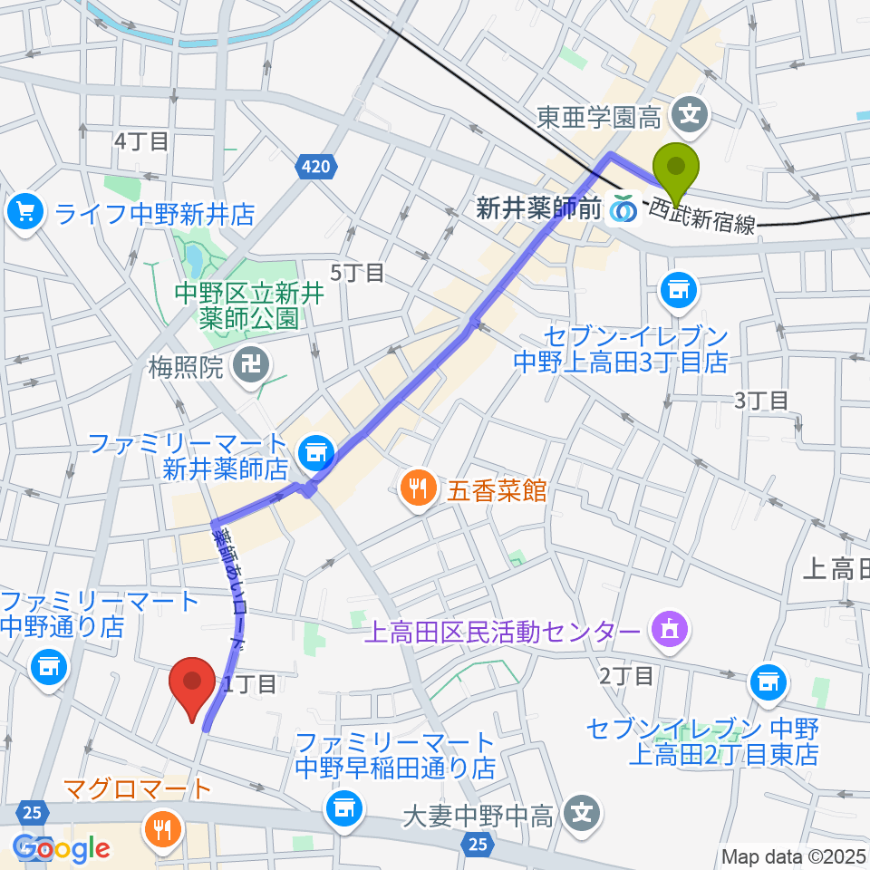 新井薬師前駅からナカノピグノウズへのルートマップ地図