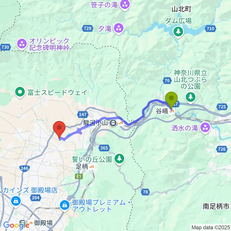 谷峨駅から小山町総合文化会館へのルートマップ地図