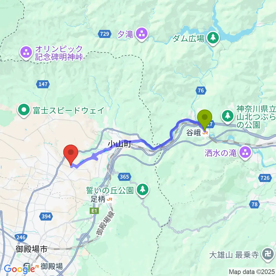 谷峨駅から小山町総合文化会館へのルートマップ地図