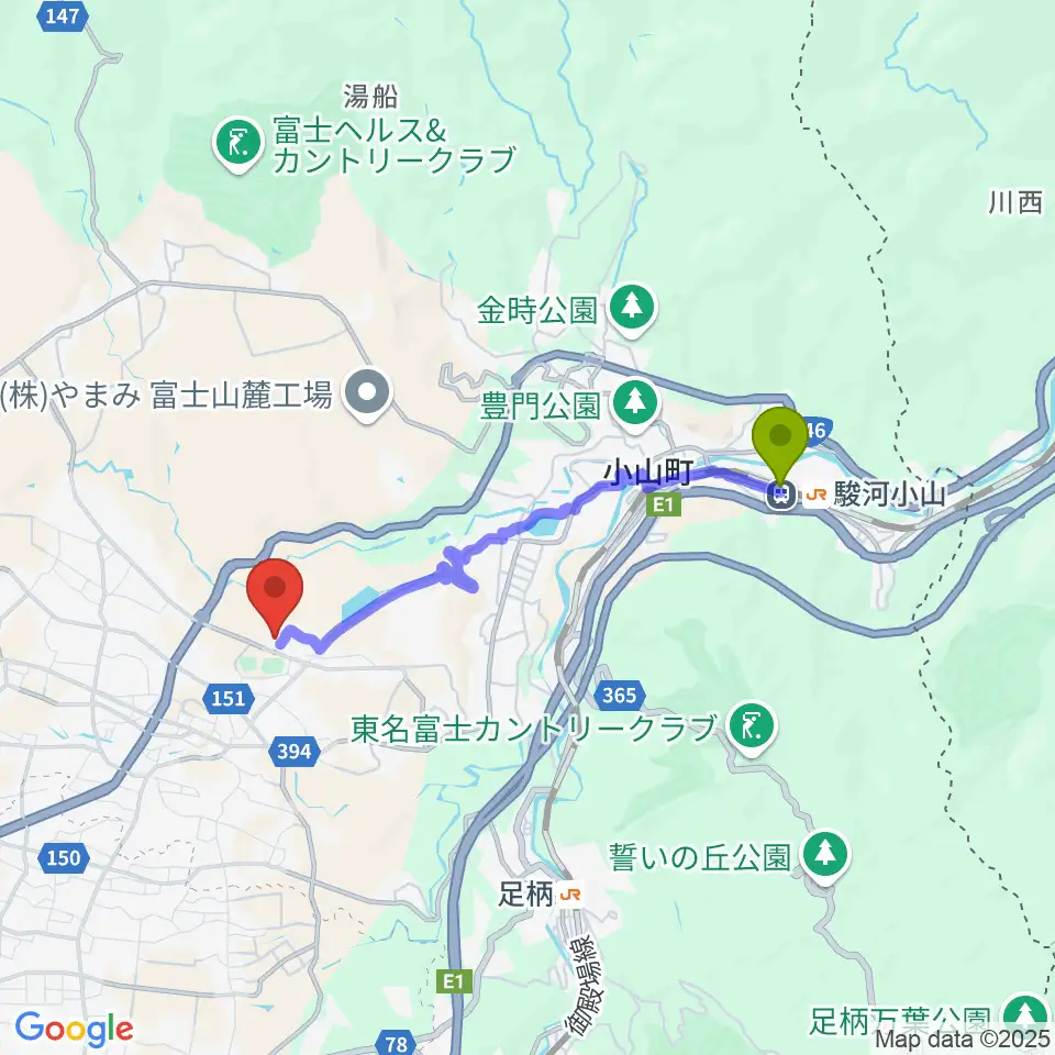 駿河小山駅から小山町総合文化会館へのルートマップ地図