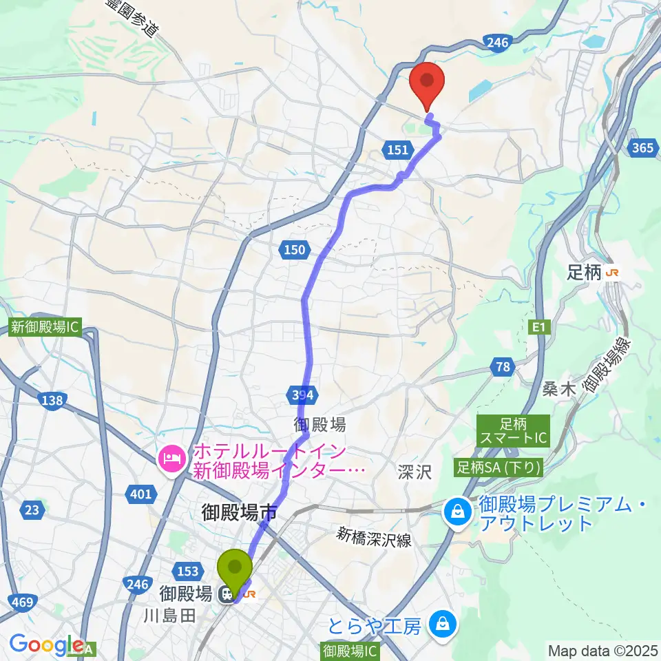 御殿場駅から小山町総合文化会館へのルートマップ地図