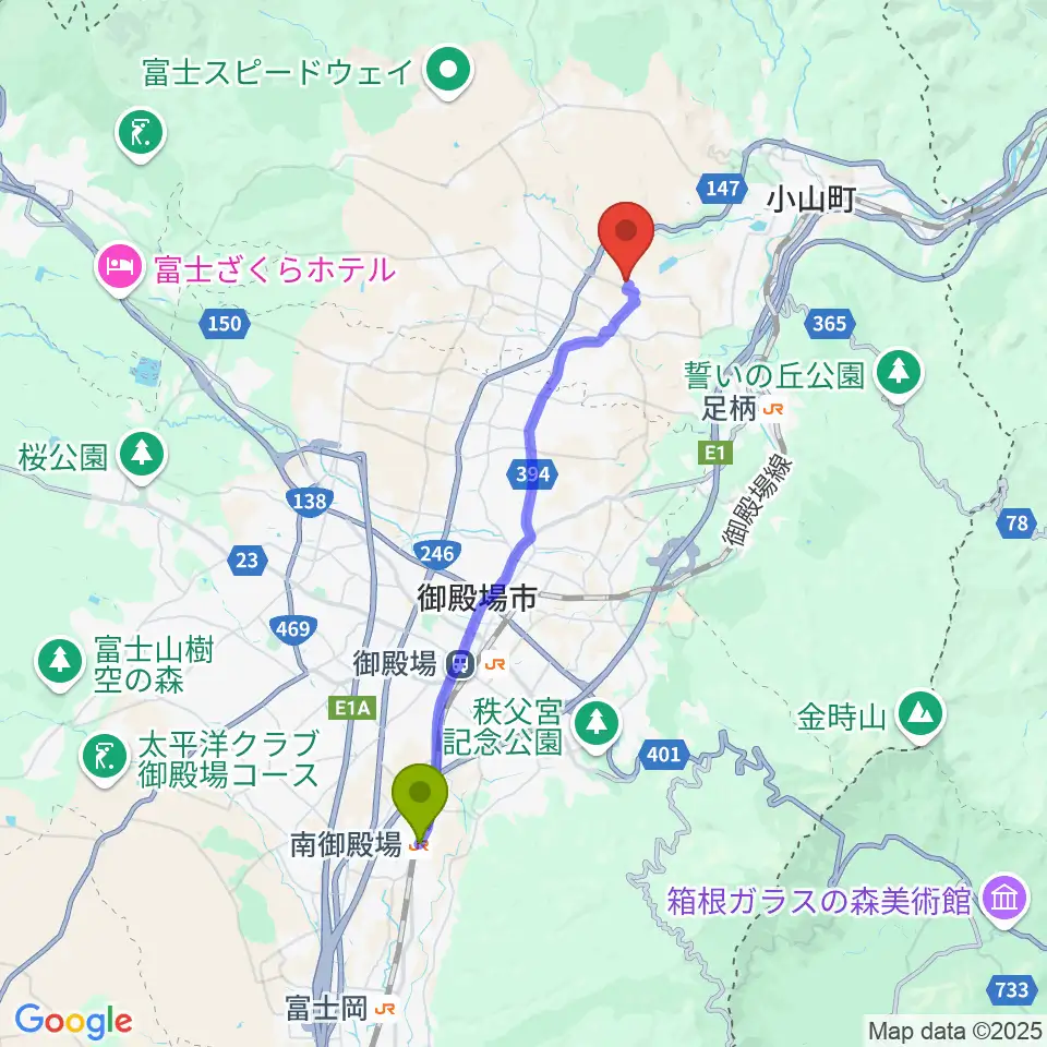南御殿場駅から小山町総合文化会館へのルートマップ地図