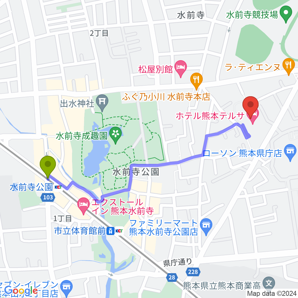 水前寺公園駅から熊本テルサ テルサホールへのルートマップ地図